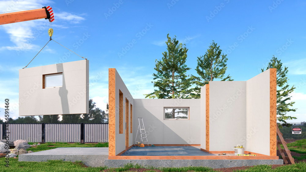 用复合材料sip面板建造现代模块化房屋的过程。三维插图