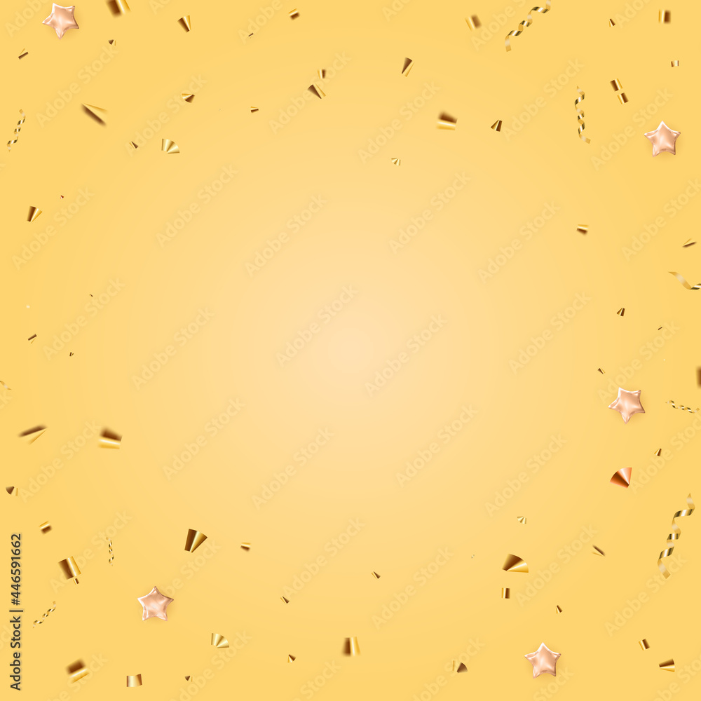 黄色派对节日背景，金色五彩纸屑。矢量插图