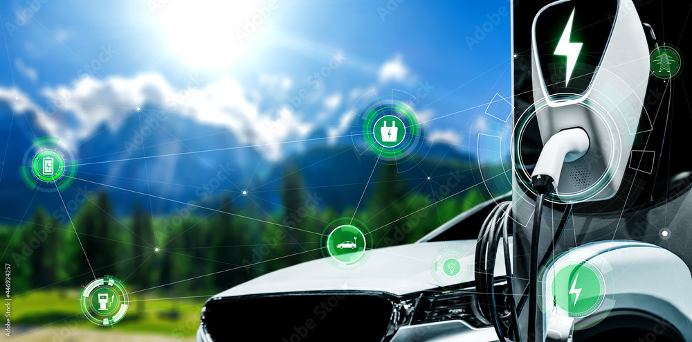 可持续生产替代绿色能源概念中的电动汽车电动充电站