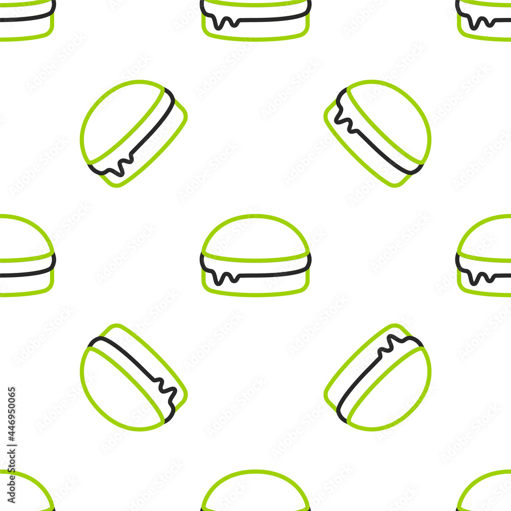 白色背景上的线条汉堡图标隔离无缝图案。汉堡图标。奶酪汉堡三明治