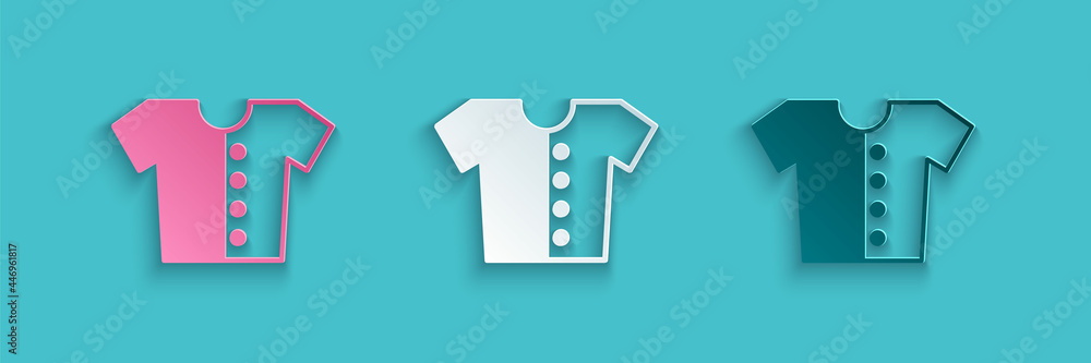 蓝色背景上的剪纸婴儿t恤图标。婴儿服装符号。童装标志。纸a