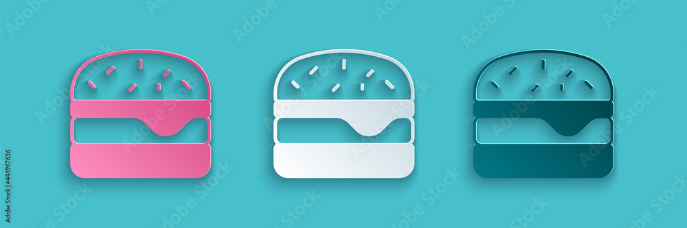 Paper cut Burger icon isolated on blue background. Hamburger icon. Cheeseburger sandwich sign. Fast 