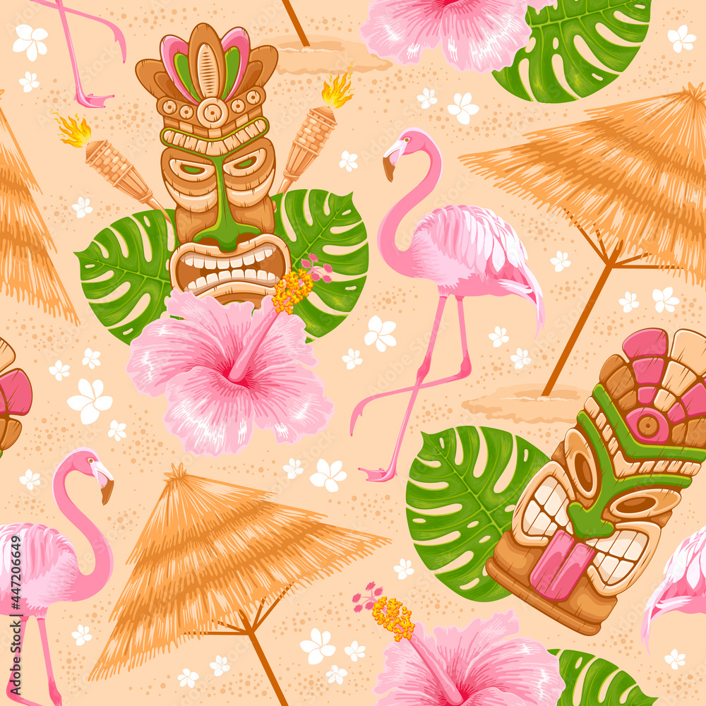 天堂海滩上的热带夏天。无缝图案，蒂基面具，梦蝶树叶，粉红色火烈鸟，
