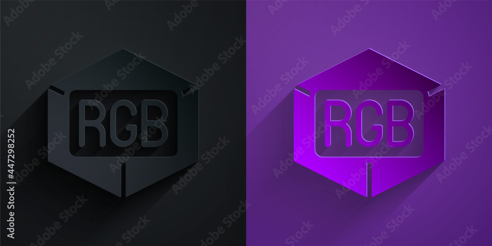 剪纸RGB和CMYK颜色混合图标隔离在紫色背景上的黑色上。纸艺风格。Ve