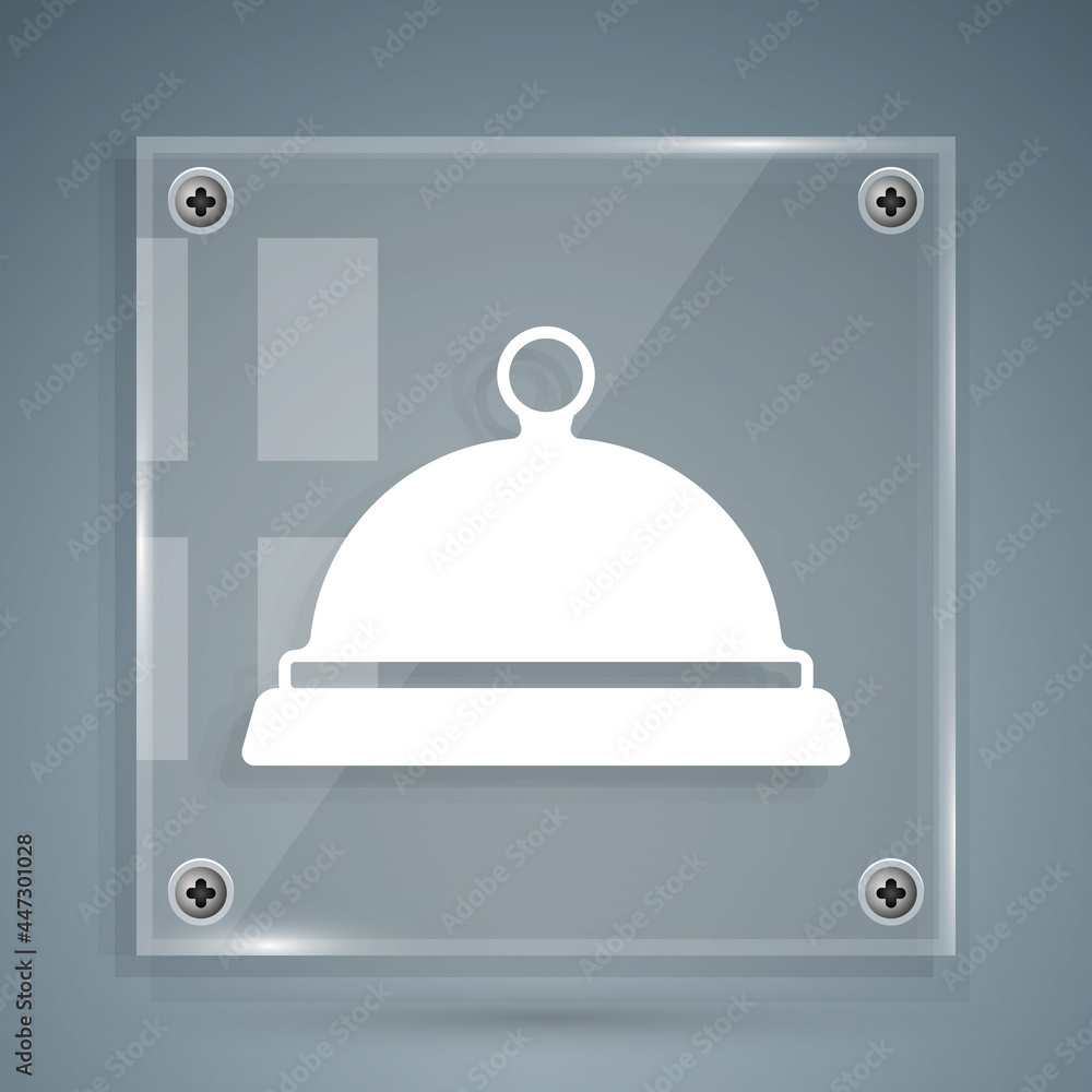 白色，灰色背景上有一托盘食物图标。托盘和盖子标志。餐厅cl