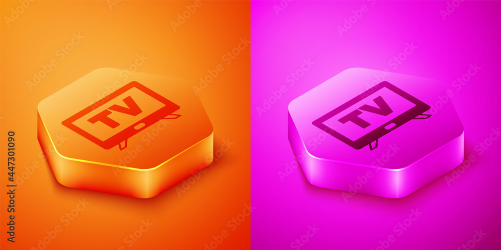 橙色和粉色背景上隔离的等距智能电视图标。电视标志。六边形按钮。Vec
