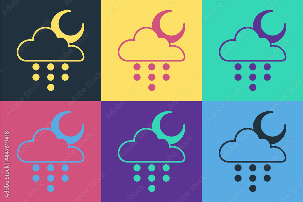 流行艺术云，在彩色背景上隔离了雨和月亮图标。带有ra的雨云降水