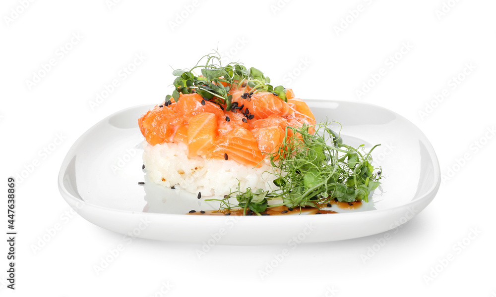 Delicious salmon tartar on white background