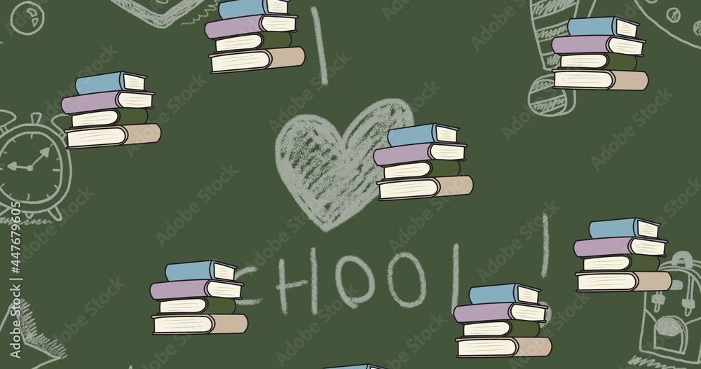 一摞又一摞的书在绿色黑板上移动的图像，我在粉笔里用心上学