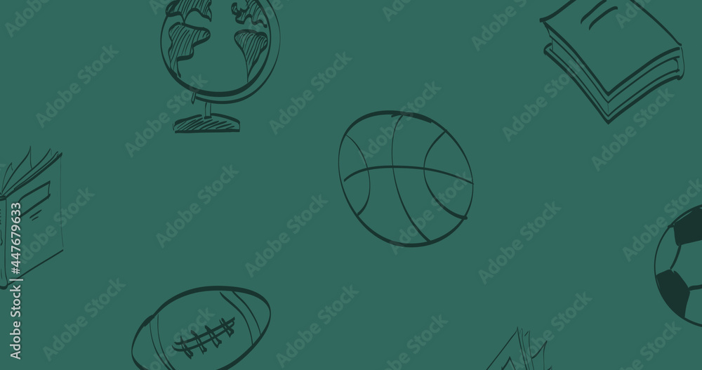黑色轮廓的运动球、地球仪和书籍在绿色黑板上移动的图像