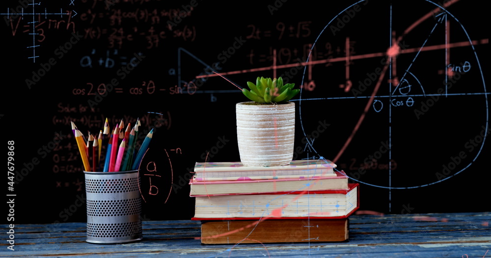 漂浮在书堆和铅笔架上的花盆上的数学方程式