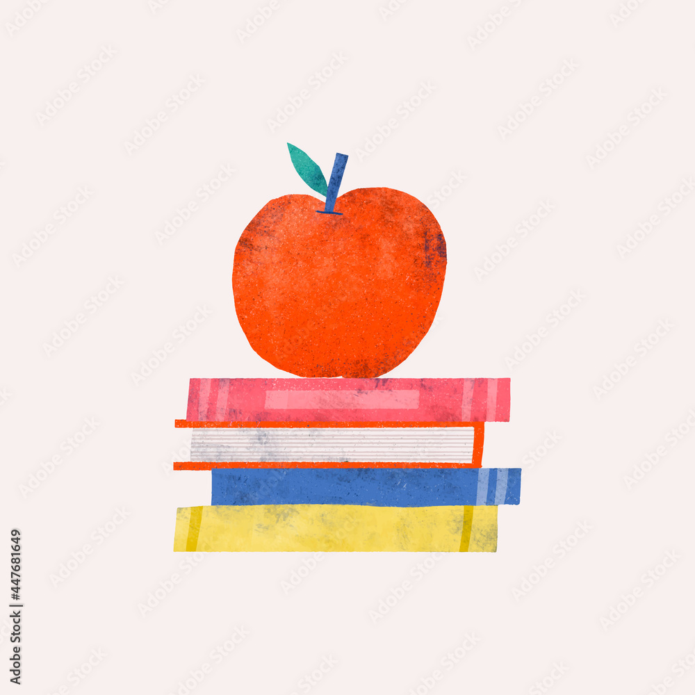 Apple doodle on a pile of books vector