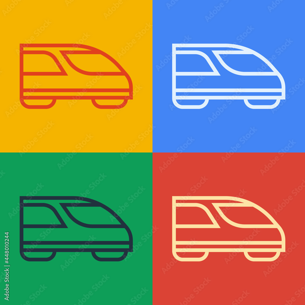 流行艺术线高速列车图标隔离在彩色背景上。铁路旅行和铁路旅游