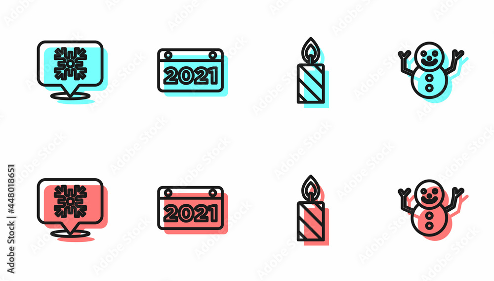 设定线燃烧蜡烛，雪花演讲气泡，日历和圣诞雪人图标。矢量
