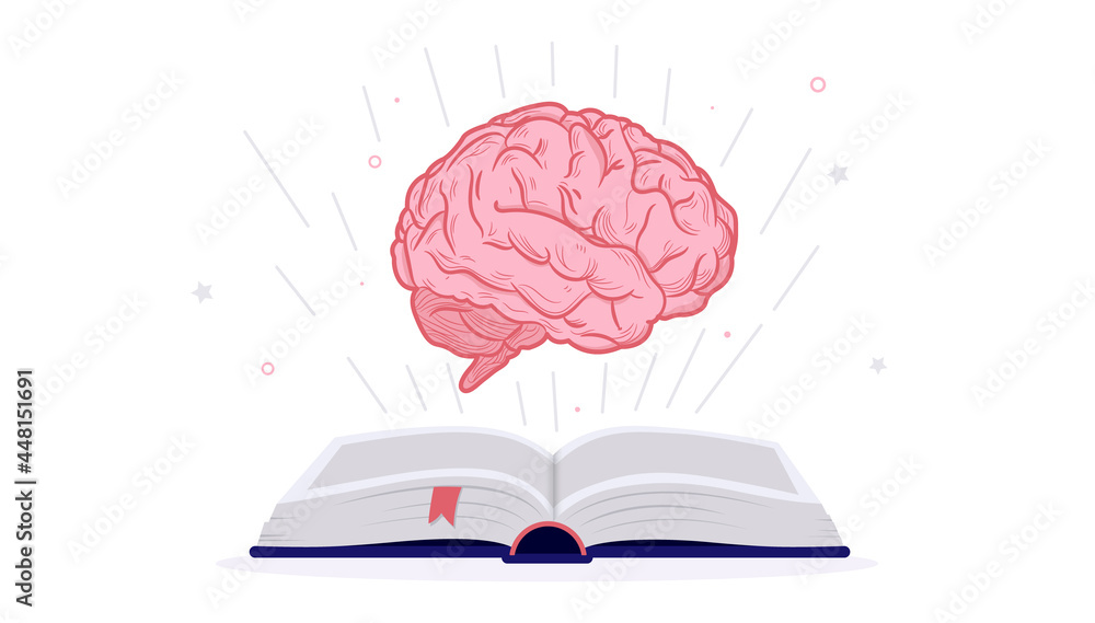 Gain knowledge from books - Open text book lying down with big human brain flying above. Reading, in