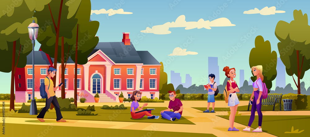 大学建筑景观，行走的学生，坐在草地上的年轻男女。矢量校园