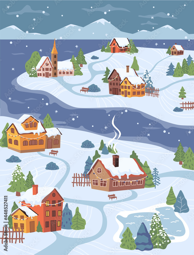 新年圣诞乡村风景，雪中的小屋和树木，平面卡通设计。Vector mo
