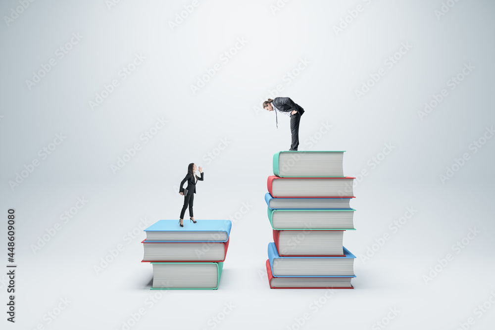 商人站在白色背景的书上。竞争、教育和知识概念。