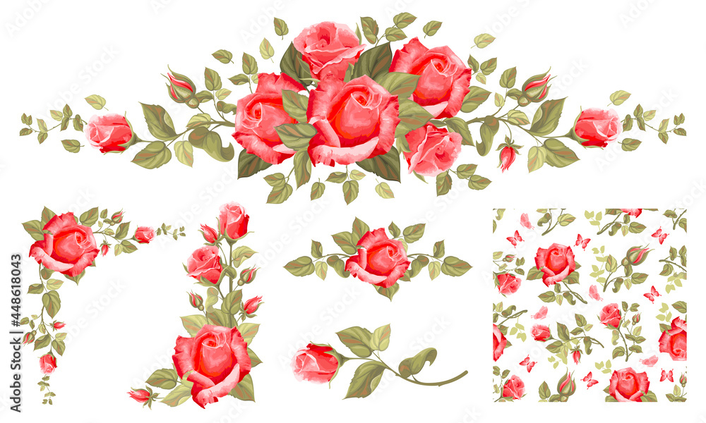 Set of vintage floral design elements with red roses, buds, leaves. Seamless pattern, corner composi