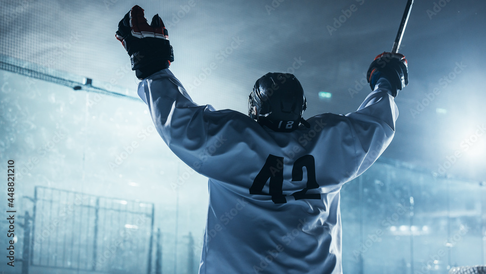 职业冰球运动员庆祝胜利，举起双臂。