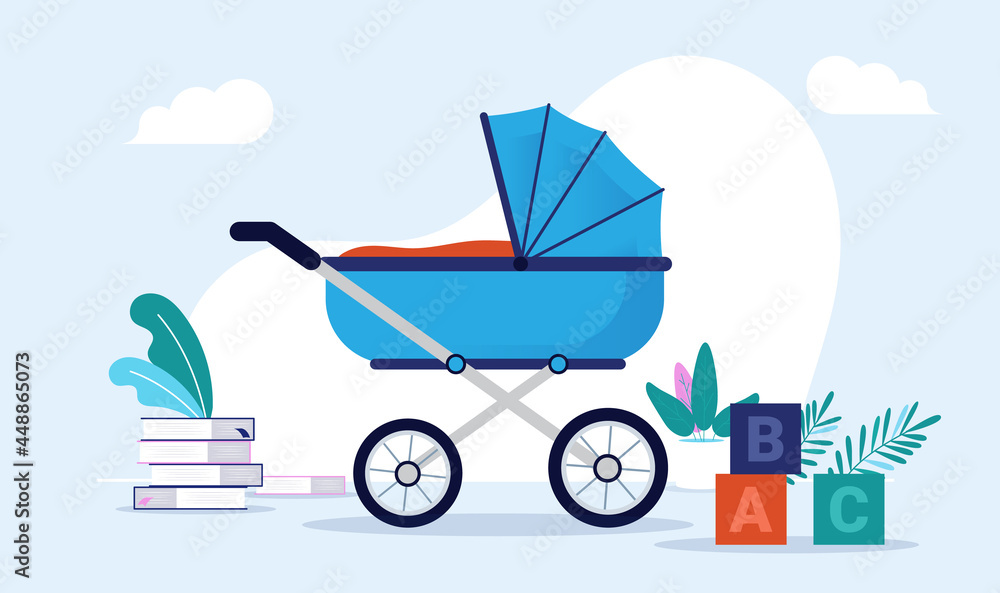 蓝色婴儿车矢量插图-普拉姆站在房间里，手里拿着玩具和书。为ba做准备