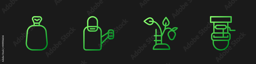 Set line Strawberry bush, Full sack, Watering can and Well with bucket. Gradient color icons. Vector