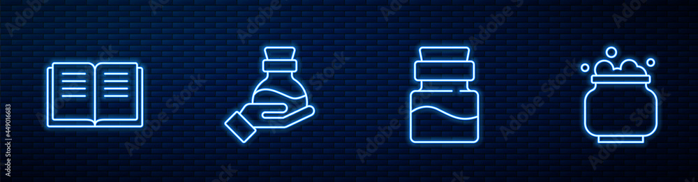 Set line Bottle with potion, Ancient magic book, and Witch cauldron. Glowing neon icon on brick wall