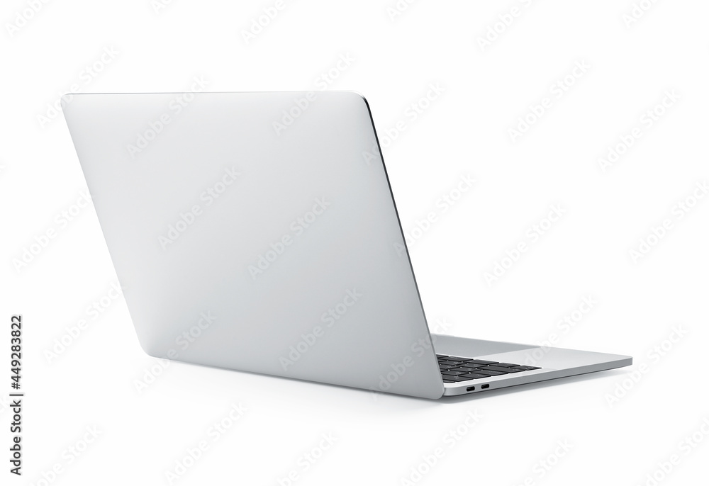 打开式笔记本电脑的后视图，银色铝制机身。
