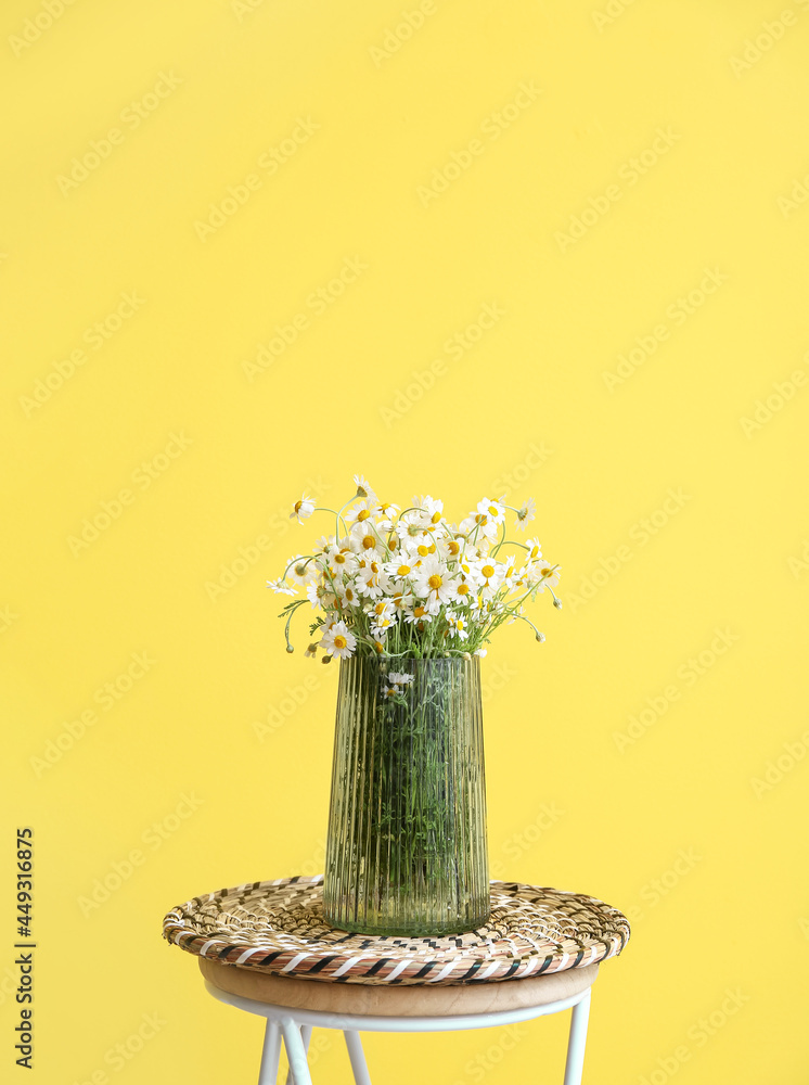 彩色墙附近的桌子上放着漂亮的洋甘菊花瓶