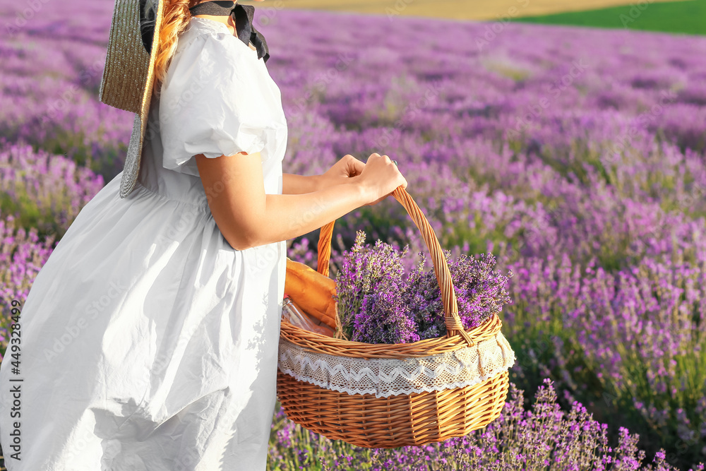 美丽的年轻女子带着篮子在薰衣草地野餐