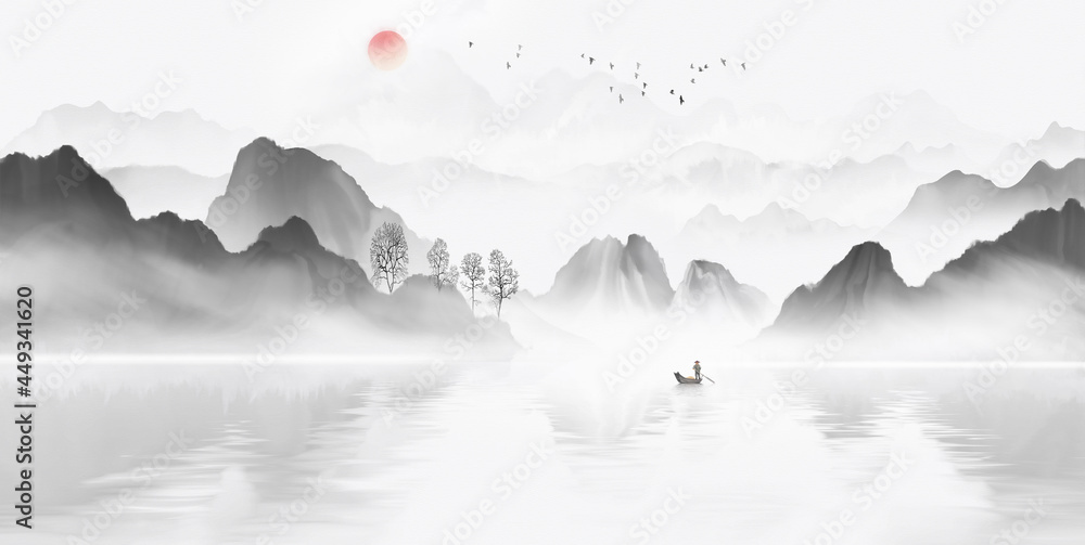 中国风水水墨大型意境山水画
