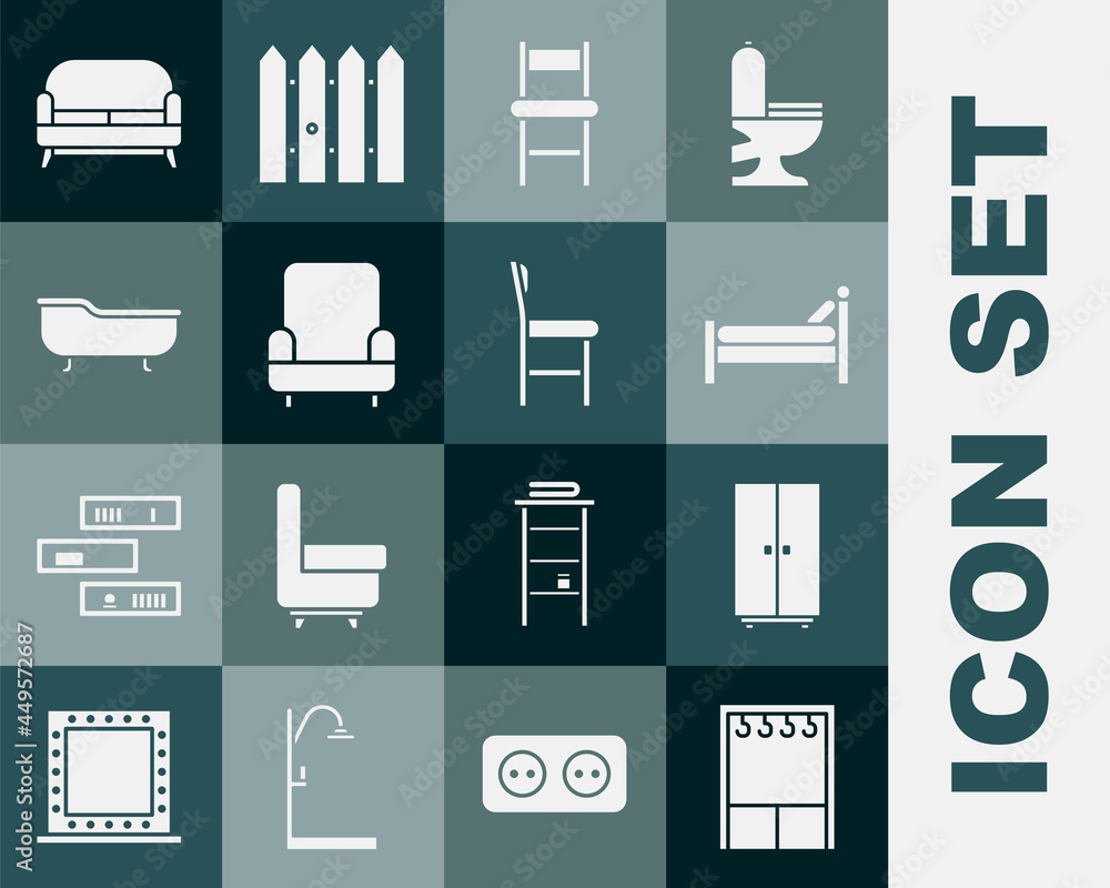 Set Wardrobe, Bed, Chair, Armchair, Bathtub, Sofa and icon. Vector