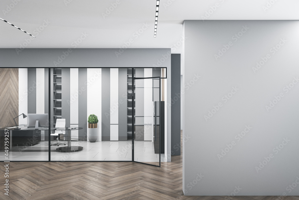 现代混凝土玻璃办公室内部，配有空的实体模型、日光、设备和木地板