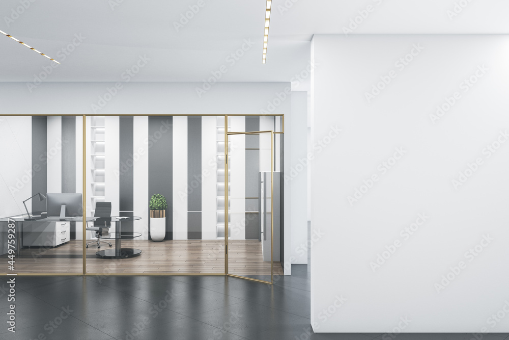 现代混凝土玻璃办公室内部，配有空白实体模型、日光、设备和木地板