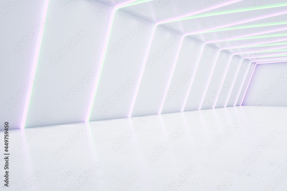 白色未来派室内霓虹灯。设计理念。3D渲染。