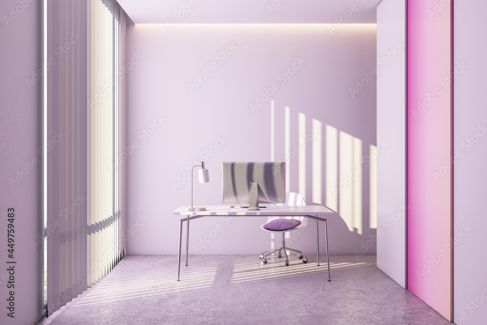 带日光的现代浅粉色家庭办公场所。3D渲染。