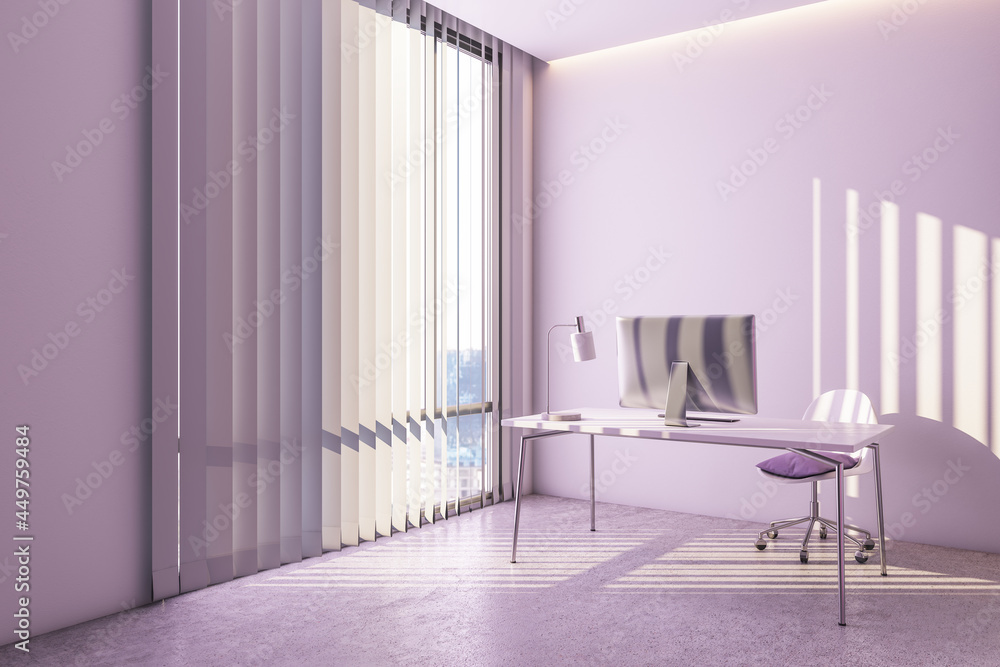 带日光的现代浅粉色家庭办公场所。3D渲染。