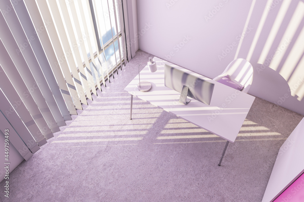 带日光的极简主义淡粉色家庭办公场所。3D渲染。