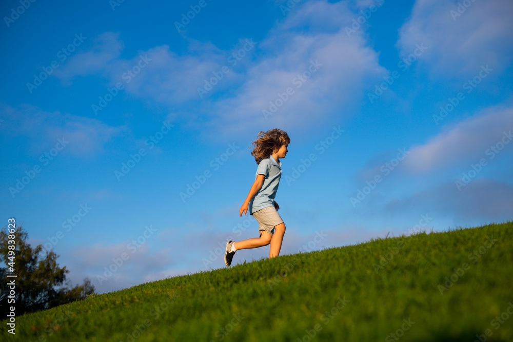 快乐的小男孩在蓝天上的绿地上奔跑，在自然和幸福中情感漫步。剪切