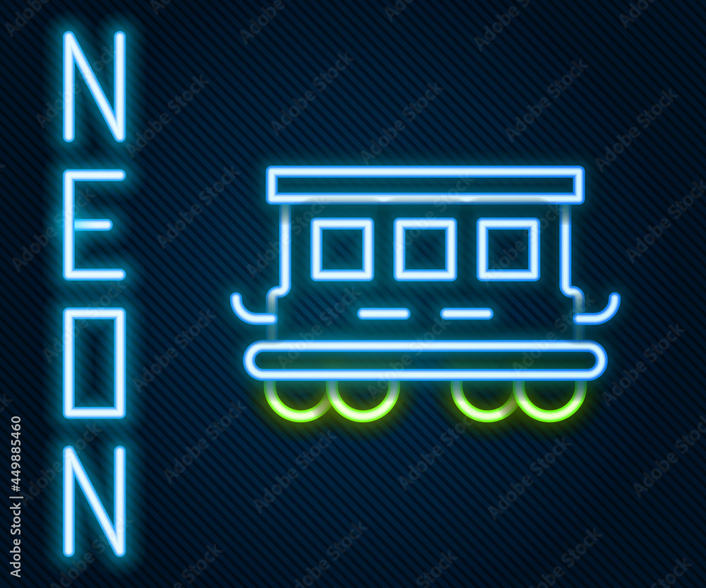 闪闪发光的霓虹灯线路黑色背景上隔离的客运列车玩具图标。铁路车厢。科罗拉多州