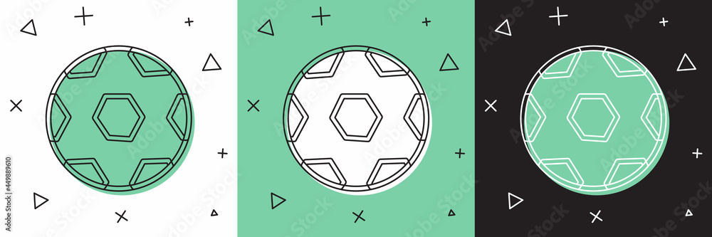 将足球图标隔离在白、绿、黑背景上。运动装备。矢量