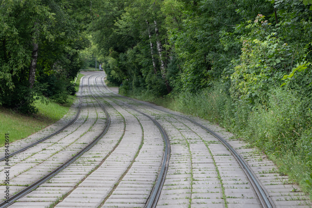 有轨电车的铁轨在远处模糊。无尽的弯曲铁路在长满发芽草的混凝土板上。