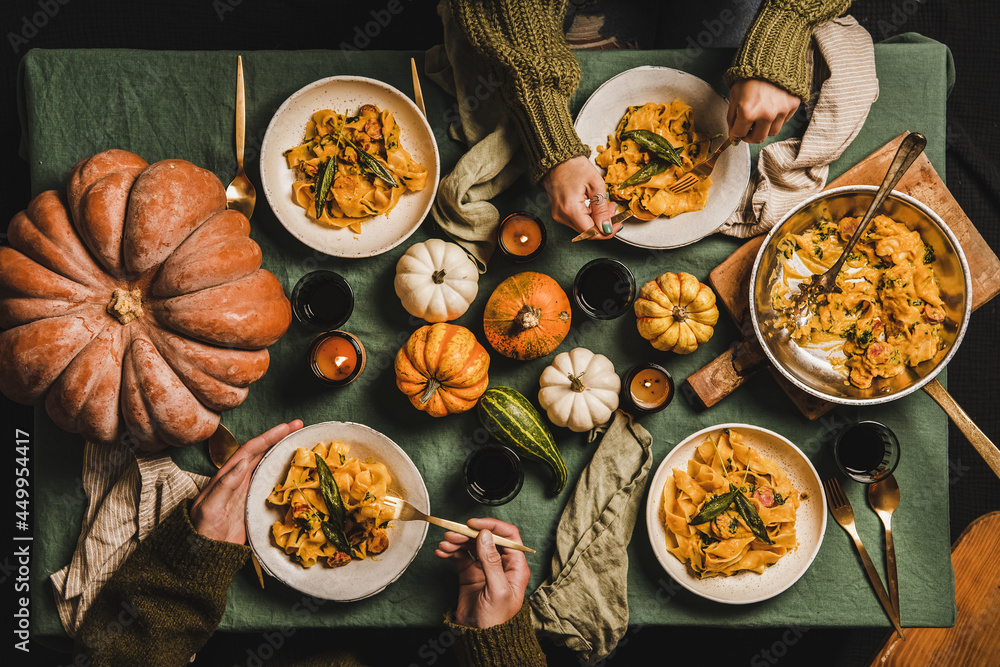Flat-lay of Fall dinner for gathering or Thanksgiving Day celebration