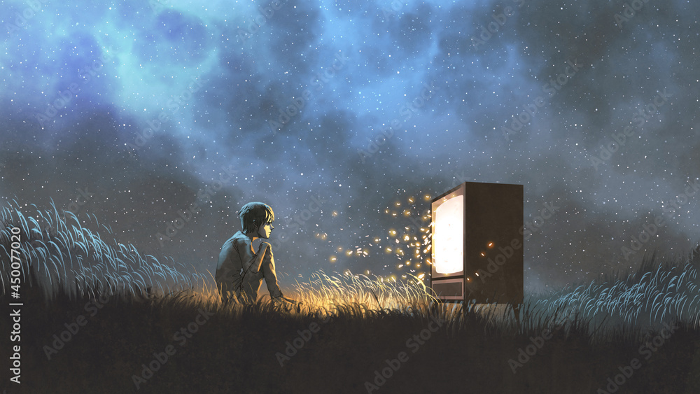 男孩看古董电视的夜景，闪闪发光，火花四溅，数字艺术