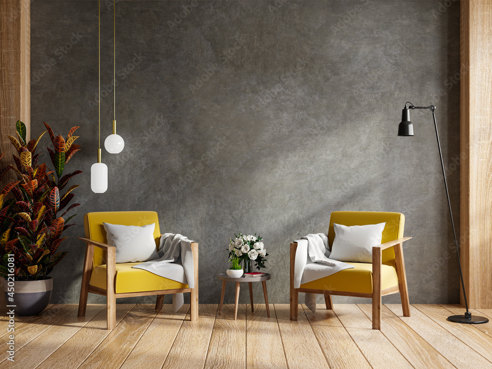 Living room with two yellow armchair,mockup concrete wall.