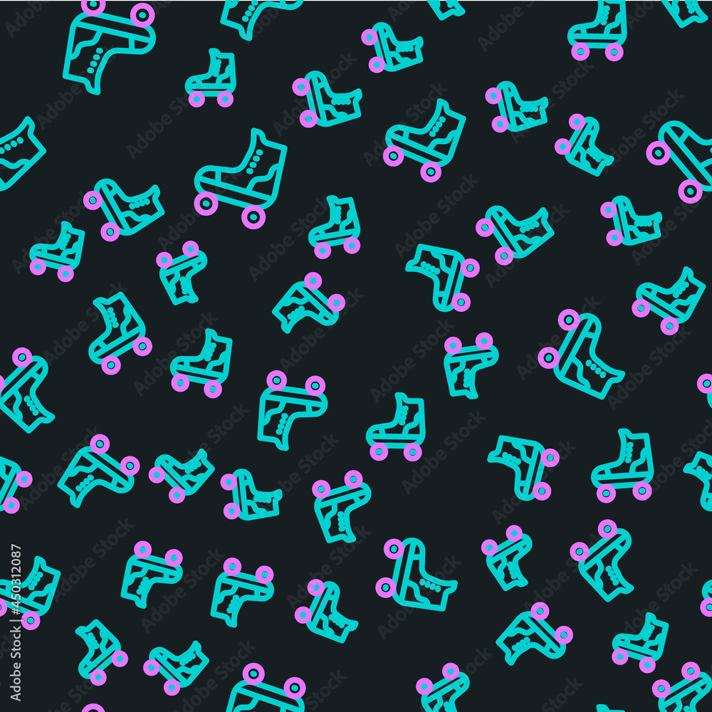 Line Roller skate icon isolated seamless pattern on black background. Vector