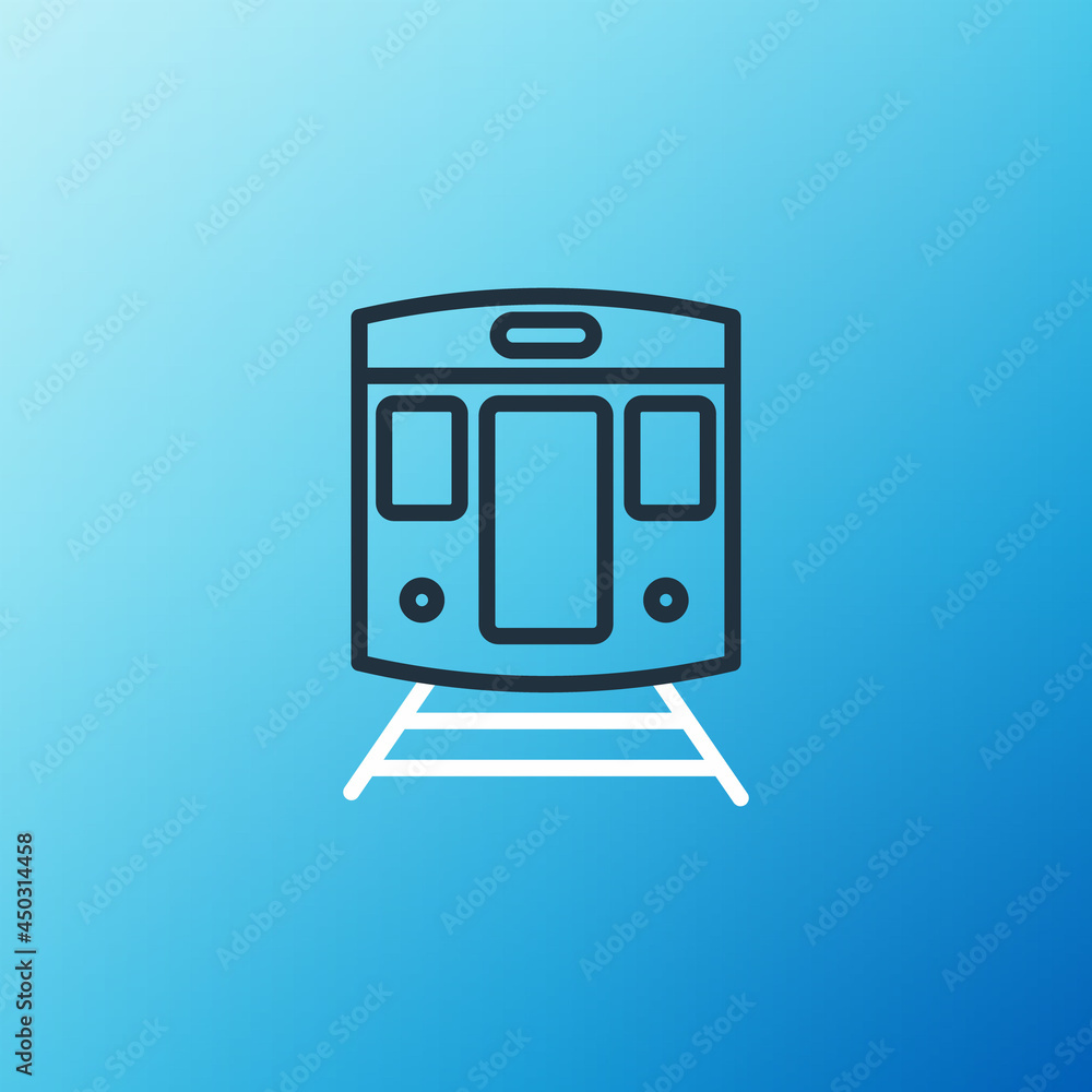 蓝色背景上隔离的线路列车和铁路图标。公共交通符号。地铁列车