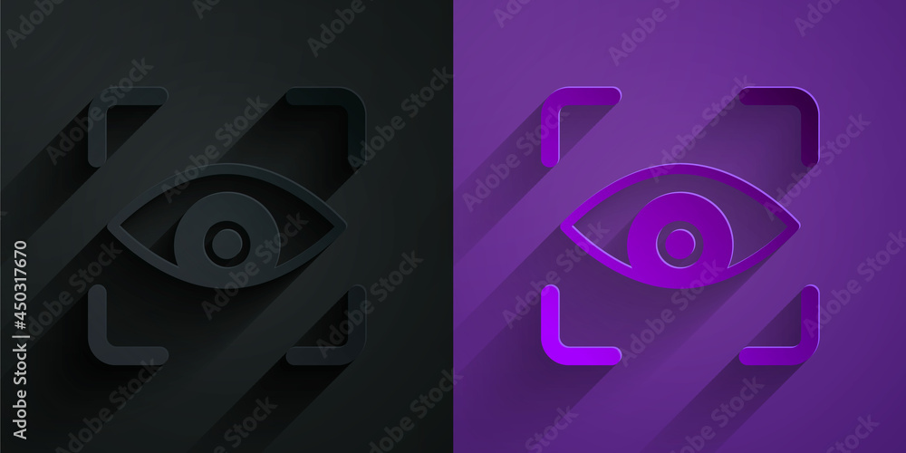 Paper cut Eye scan icon isolated on black on purple background. Scanning eye. Security check symbol.