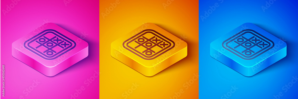 Isometric line Tic tac toe game icon isolated on pink and orange, blue background. Square button. Ve