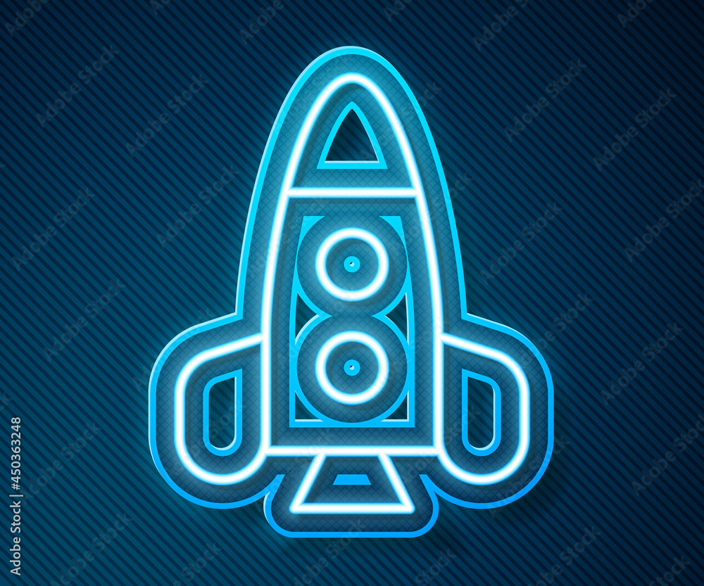 蓝色背景上孤立的发光霓虹线火箭飞船玩具图标。太空旅行。矢量